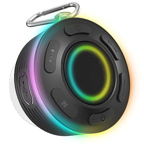 Portable Bluetooth Speaker with HiFi Steore Sound LED Light,IP7 Waterproof Speakers Bluetooth Wireless with Suction Cup,Built-in Mic,Hands Free Calling,IP7 Waterproof Shower Speaker for Outdoors