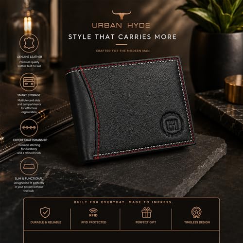 Image of URBAN HYDE Premium Genuine Leather Belt & Thread Work | Wallet Combo for Men | Leather Wallet and Belt Gift Set | Stylish Men Leather Combo Gift for Birthday, Anniversary & Office | Black