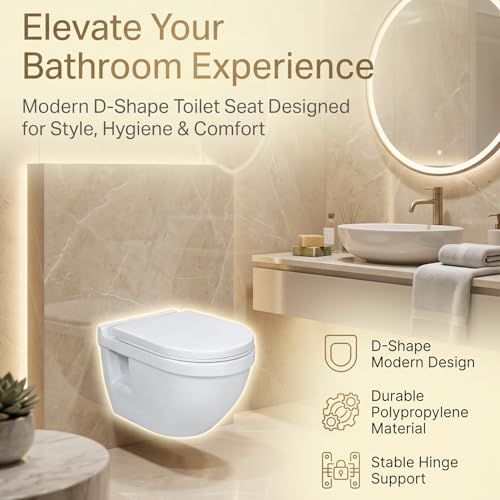 Image of ELEGANT CASA Polypropylene Soft Closing Toilet Seat /Western Toilet Seats Cover for Bathroom /seat for Commode with Stable Hinges- D Shape Design Colour (Glossy White)-1 Set
