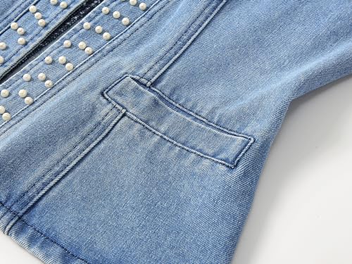 Kedera Women's Pearl Denim Jacket Long Sleeve Collarless Rivet Short Denim Coat with Pockets4