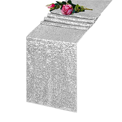 Tcbesto Silver Sequin Table Runner 12" X 108" 1 Pack Silver Metallic Sequins Table Runner Glitter Silver Party Decorations Baby Shower Wedding Christmas Birthday Party Supplies Fabric #TOP16