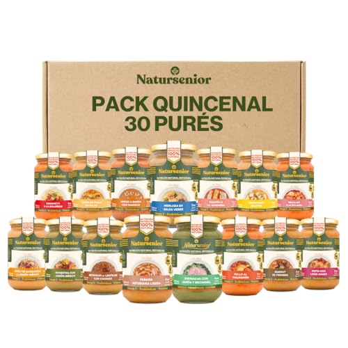 Natursenior - Pack QUINCENAL Purés Comidas y Cenas x30 ud - Puré para adultos y Personas con dificultad para tragar - Sabores Caseros - Alta Nutrición - 100% Natural,Omega 3, Fibra, Proteína 30x 340g
