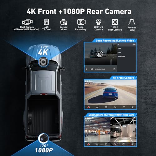 9“ Wireless Carplay Screen, 4K Dash Cam & 64GB Card, 1080P Backup Cam