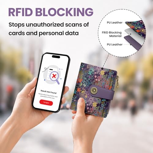 Image of Small Wallet for Women, RFID Blocking Bifold Card Holder Wallet with 10 Card Slots, Cash Compartment, Zipper Coin Pocket & ID Window, Cute Soft Vegan Leather Compact Wallet, Violet