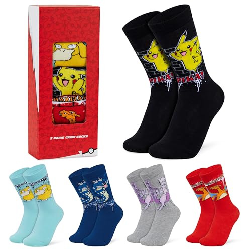 Pokémon Boys Calf Socks 5 Pack, Soft Comfortable Pikachu Official Merchandise - Multi, 4.5-7, Gift-Ready Set