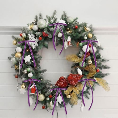Image of 24 Pcs Purple Velvet Bows Ornaments for Christmas Tree, Vintage Rustic Elegant Velvet Christmas Bows Tree Decorations, Indoor Home Decor for Wreath Mantle Gift Wrap Holiday Decor, 3 /8'' W, 5 * 7 inch