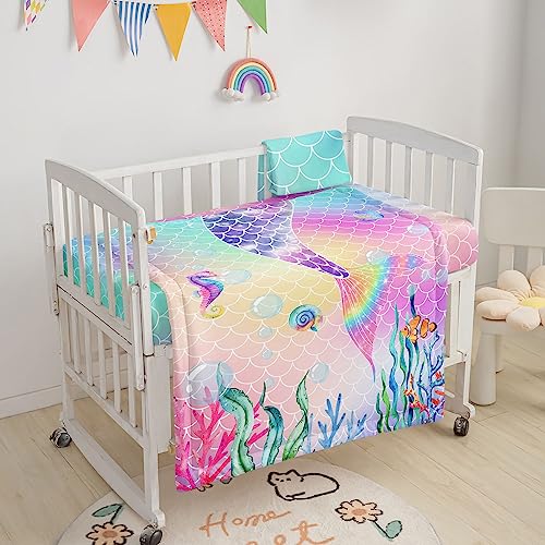 Image of Crib Bedding Set - 3pc Nursery Set with Comforter, Crib Sheet & Skirt, Mermaid Scales Printed Bedding for Baby Boys & Girls