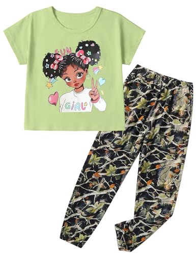 Image of mksodop Girls Outfit Set Graphic T Shirt and Camo Jogger Pants Cute Casual Clothes for Girls 5-16 Years