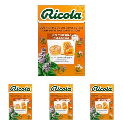 Ricola – Miel y Hierbas, Caramelos Duros, Refresca y Alivia la Garganta y las Vías Respiratorias, con Miel y Mentol, 13 Hierbas Suizas y Aceites Esenciales - Caja 50 g (Paquete de 4)