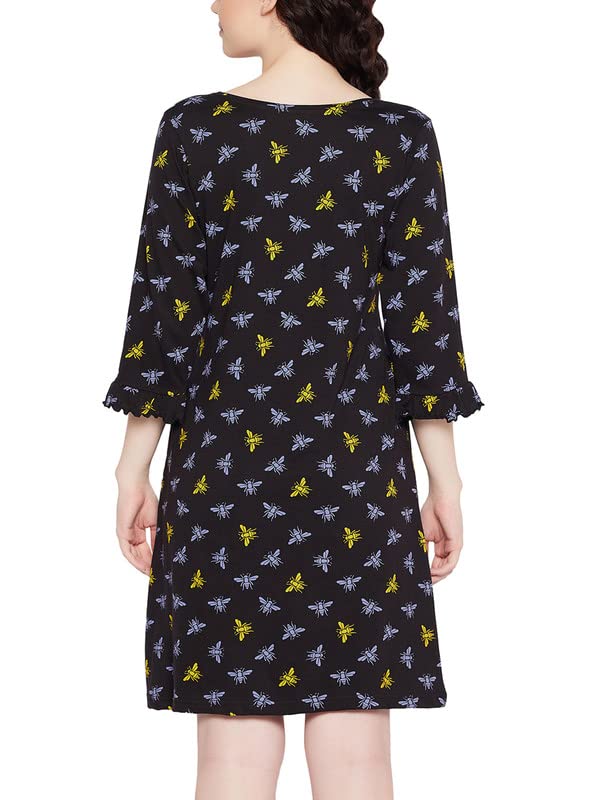 Image of Clovia Women's Cotton Dragonfly Print Short Night Dress with Pocket in Black