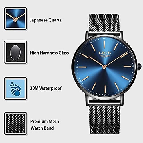 LIGE Men's Watches Black Ultra-Thin Waterproof Stainless Steel Watch Fashion Simple Watch Men Business Analogue Quartz Watches