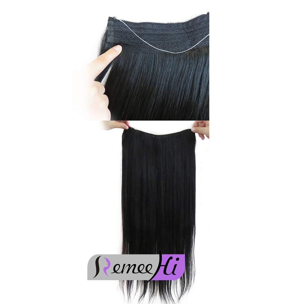 Remeehi Black Straight Human Hair Fish Line Micro Invisible Hair Extensions Hairpieces for Womens - Natural Black(28" 100g)