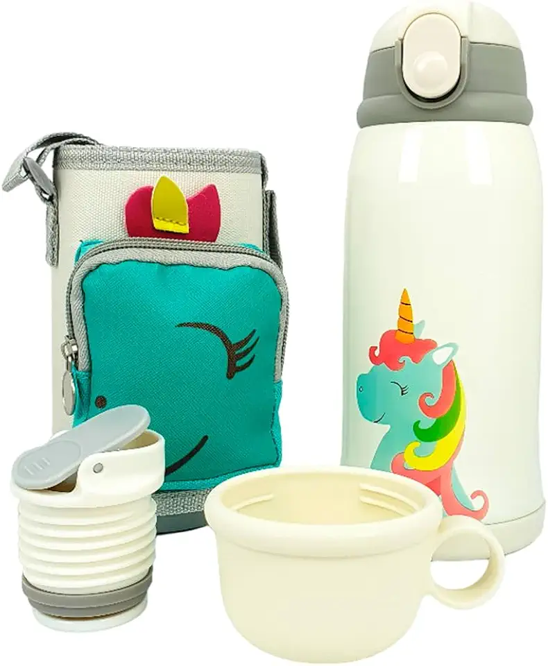 Garrafa Térmica Infantil Bebê Escola Parede Dupla Inox 550ML 2em1 +Suporte (BRANCA)