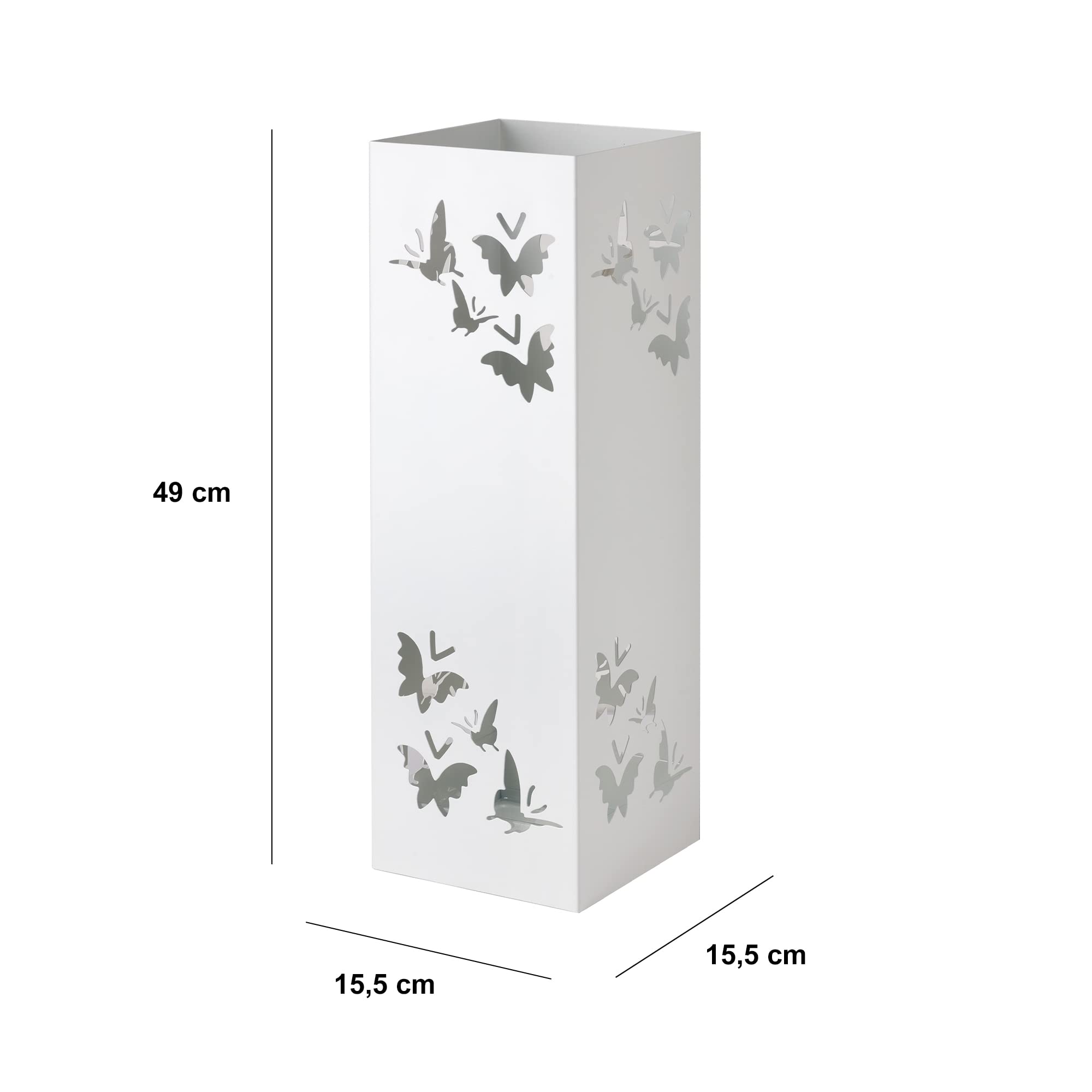 Baroni Home Portaombrelli Quadrato in Metallo con Intagli a Forma di Farfalle 15,5x15,5x49 cm con Gancino e Vaschetta Scolapioggia Rimovibile, Bianco