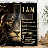 Miyotaa Lion Cross Shower Curtain Set 60Wx71H Inches Man Masculine Cool Black Gold Quotes Inspirational Motivational Positive Waterproof Bathroom Curtain with 12 Hooks