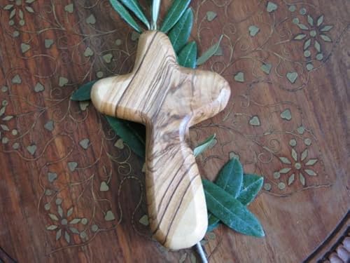 Olive Wood Holding Hand Palm Comfort Cross Holyland - Certificate Hjw - Genuine Product - With Prayer And Explanation Card #TOP3