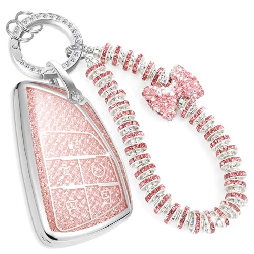 CTRINEWS for Buick Key Fob Cover with Fashionable Zirconia Wristlet KeyChain, Enchanting Diamond Patterns Soft Case for Avenir Envision Encore Chevy Suburban (5 Buttons) (Pink, B)