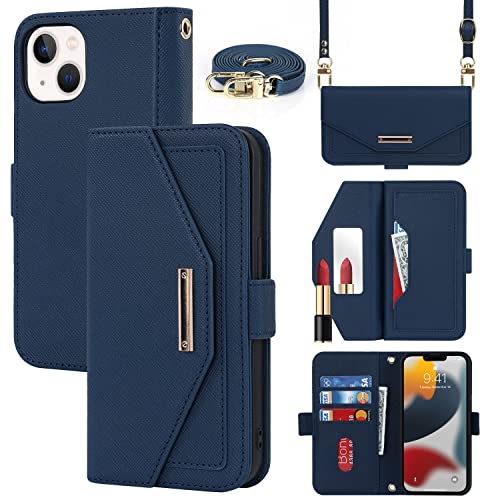 Leren iPhone 13 hoesje met 5 kaartsleuven, magnetische sluiting, spiegel, schokbestendig TPU, blauw