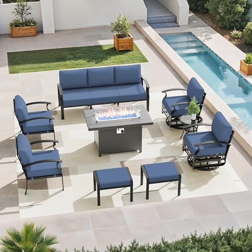 Image of Aluminum Patio Furniture Set with Fire Pit Table, 9 Seats Outdoor Patio Conversation Sets with Swivel Chair Modern Metal Sectional Sofa with Upgrade Cushions for Patio, Backyard - Blue
