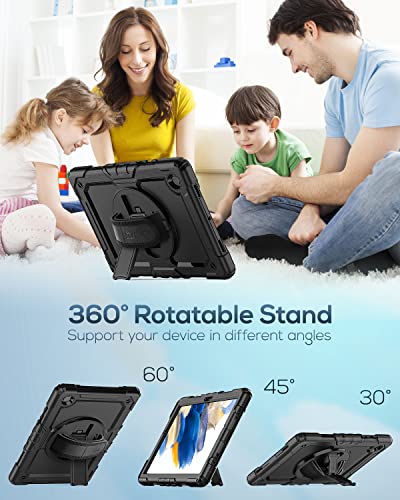 Seymac Samsung Galaxy Tab A8 Case 10.5 Inch (Sm-X200/ X205/ X207), Heavy Duty Full-Body Shockproof Protective Case With Screen Protector, Rotating Stand, Hand/Shoulder Strap And Pencil Holder, Black #TOP3