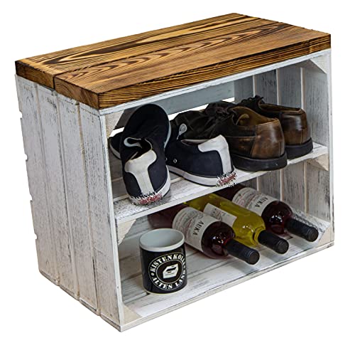 Kistenkolli Altes Land Sitzkiste Johanna Obstkiste und massiven Holzplanken Schuhablage Schuhkommode Hocker Sitzbank Holzbank Regalkiste aus Holz Maße 50 x 30 x 43cm L x T x H (Shabby Weiss/geflammt)