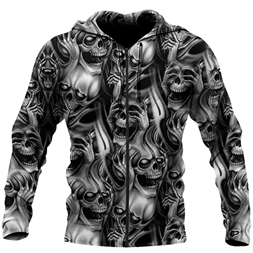 kewing Herren Hoodie 3D Print Gothic Totenkopf Reißverschluss Pullover Totenkopf Gedruckt Langarm Strickjacke Sweatshirts Mit Tasche