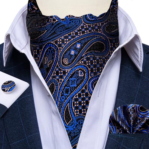 Image of DiBanGu Silk Woven Ascot Cravat with Pocket Square Set for Men | Paisley Ascot,Wrinkle-Resistant,Silky Smooth,Easy to Match,Cufflinks,Tie Ring,Wedding,Ceremonies,Party Occasions,Banquet