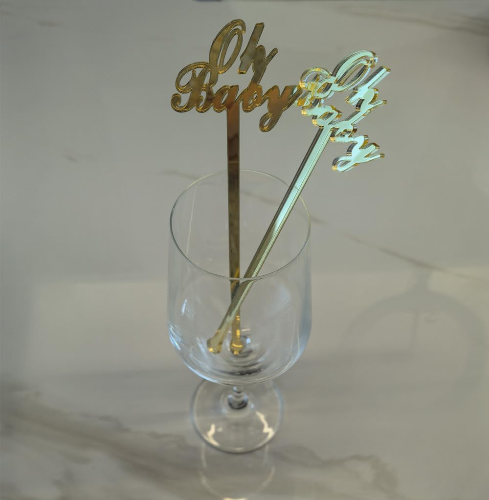 Set of 20 Oh Baby Drink Stirrers,Baby Shower Drink Stirrers,Cocktail Sticks Swizzle Stick Oh Baby Drink Stirrer Beverage Stirrer Gender Reveal Party Décor (Gold Mirror)