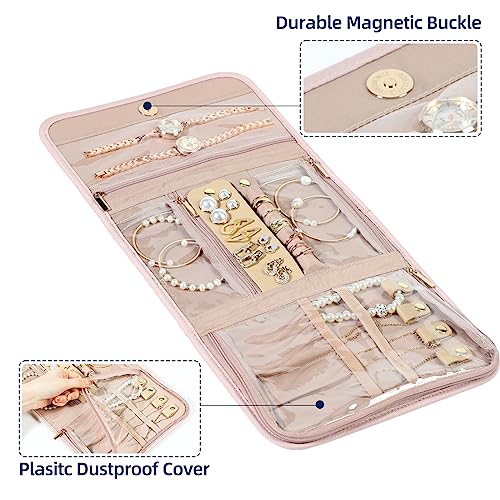 NISHEL Pink Travel Jewelry Organizer Roll - Foldable Case for Necklaces, Earrings, Rings, Bracelets, and Watch