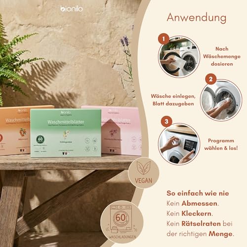 Bionilo Waschmittelblätter Blütentraum – 60 Waschgänge – Vegan Plastikfrei Biologisch Abbaubar – Umweltfreundlich – Kompakt Reisegröße - Universal Waschmittel