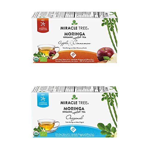 Miracle Tree – Organic Moringa Superfood Tea, 2 Pack Bundle, 2×25 Individually Sealed Tea Bags (Apple & Cinnamon, Original)