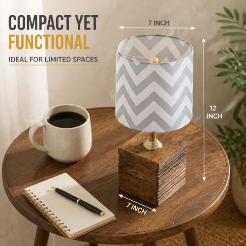 Image of tu casa Wooden Table Lamp Maze Print Fabric Shade for Home, Bedroom, Lounge
