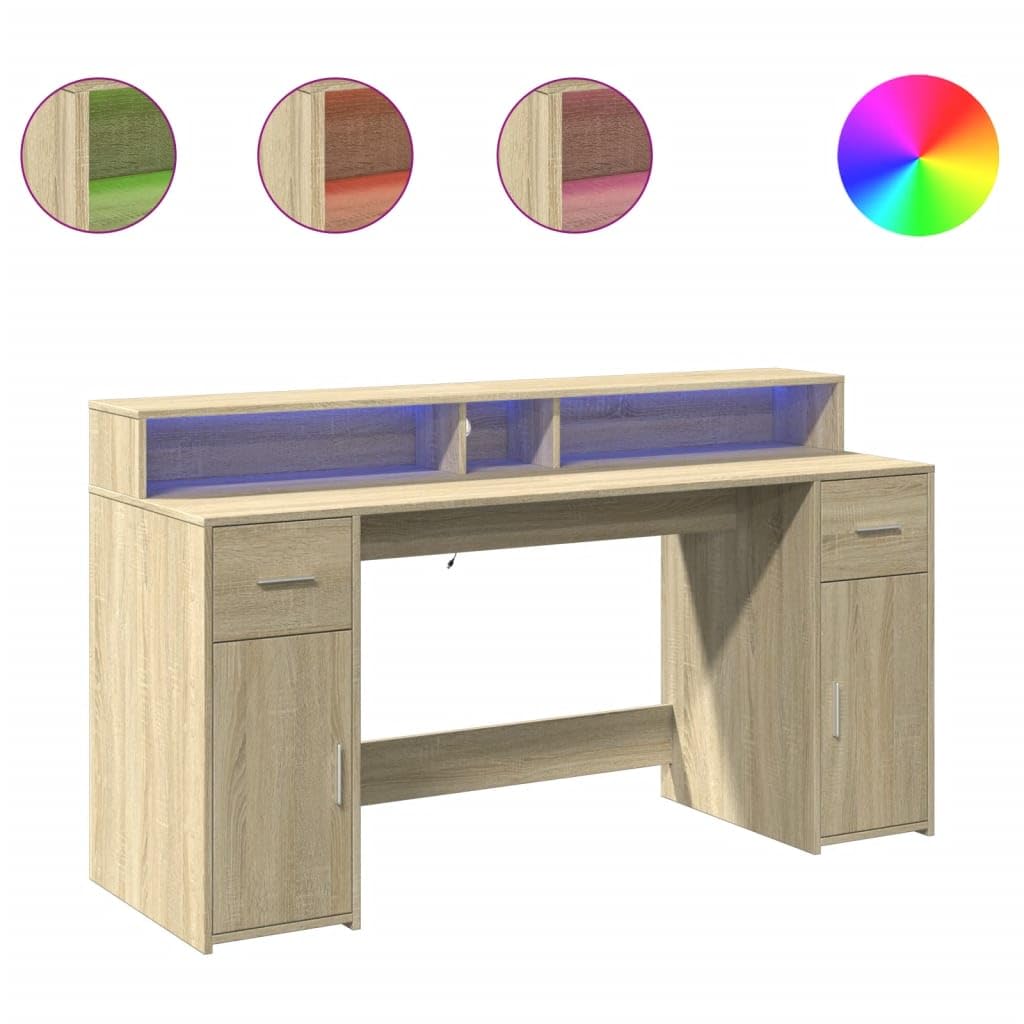 Homgoday Biurko z diodami LED Sonoma 160 x 55 x 91 cm, wielowarstwowe, meble biurkowe, biurko, biurko komputerowe, biurko zajmujące mało miejsca, stół biurkowy, biurko do gier do pokoju dziecięcego