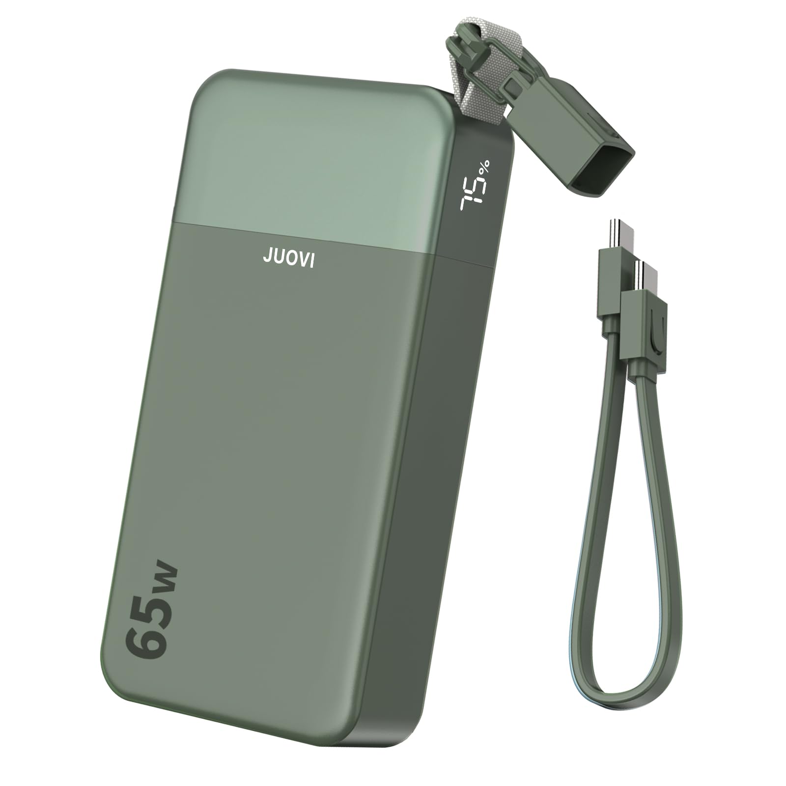 JUOVI Batería Externa Carga Rápida, 65W 20000mAh Power Bank, Batería Portátil con Cable USB-C Desmontable y Pantalla LED, Cargador Portátil Compatible con Laptop MacBook iPhone 17 16 Galaxy (Verde)