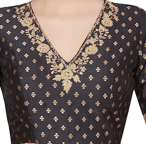Image of Studio Shringaar Women's Brocade Embroidered V-Neck Readymade Elbow Length Sleeves Saree Blouse
