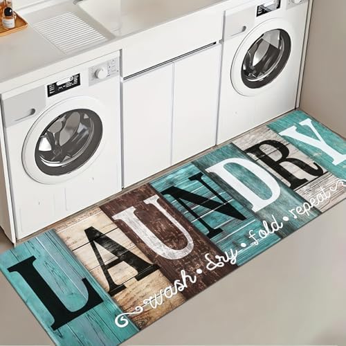 Laundry Room Rug Runner 20"X59"Teal and Brown Abstract Wood Non S...