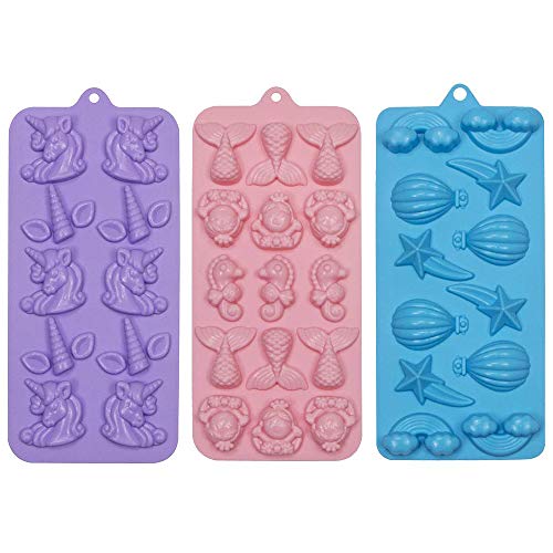 Webake Candy Molds Silicone Mermaid Tail Mold, Unicorn Chocolate Fondant Molds for Cupcake Decorations, Resin Crayon Including Mermaid Tail, Seahorse, Rainbow, Air Balloon, Pack of 3