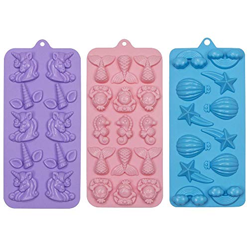 Webake Candy Molds Silicone Mermaid Tail Mold, Unicorn Chocolate Fondant Molds for Cupcake Decorations, Resin Crayon Including Mermaid Tail, Seahorse, Rainbow, Air Balloon, Pack of 3