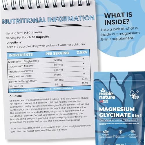 Magnesium Glycinate 5-in-1 Complex Formulated by PhD Expert High Strength 1900mg Supplements as Bisglycinate, Malate, Citrate, Oxide & Vitamin B6-90 GMO Free Capsules, 384mg Elemental, UK Made (90) - 7