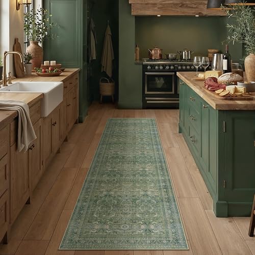 PureCozy Waschbarer Grün Teppich Wohnzimmer 120x170cm Vintage Tepich for Living Room kurzflor rutschfest Weich Boho Retro Carpet für Küchen Schlafzimmer Esszimmer Bedroom