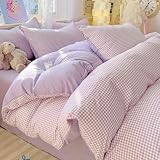 Michorinee Housse de Couette 220x240 Vichy Violet Clair et Blanc à Carreaux Parure de lit Adulte 2 Personnes Moderne Microfibre Sets de Housses de Couettes et 2 Taies d'oreiller 65x65 Fermeture Éclair