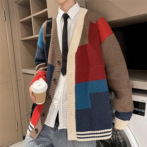 Men's Color Block V Neck Outdoor Sweater Cardigan Stylish Knitted Sweater Button Up Loose Fit Sweaters2