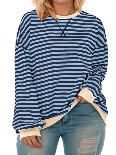 Image of ROSRISS Womens-Plus-Size-Oversized-Sweatshirts Striped Colorblock Long Sleeve Shirts Casual Crewneck Pullover Sweaters XL-5XL