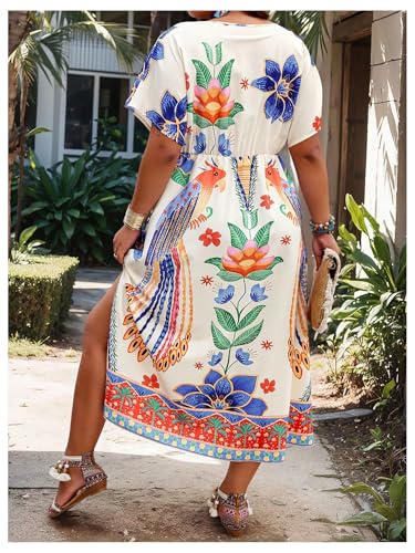 Floerns Women's Plus Size Tribal Print Dolman Sleeve Slit Summer Maxi A Line Dress3