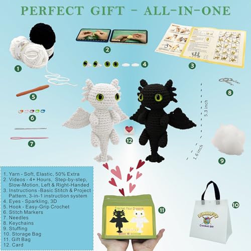 Image of LuNuaFvy Crochet Kit for Beginner Adult /Teen /Kid 9+ - Learn to Crochet Animal Amigurumi Dragon Set with Left /Right-Handed 4hr Video, 3-Format Guides, Gift-Ready Packaging, Soft Yarn & Storage Bag