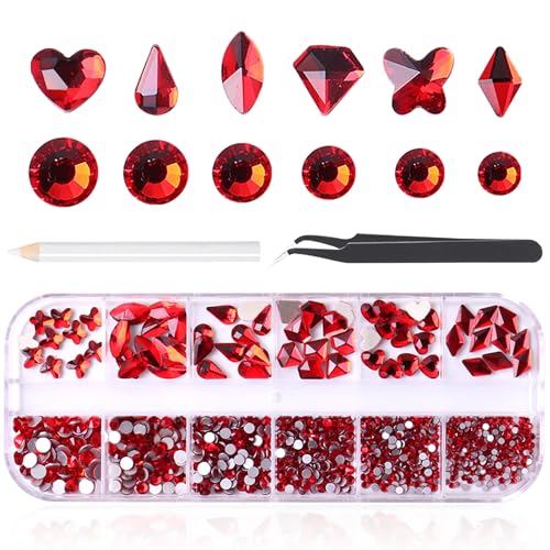 RODAKY Red Nail Rhinestones for Nails 860Pcs Nail Art Crystal Gems Stones Red Crystal Flatback Rhinestones for Crafts Mixed Shapes Size Nail Diamond Design Charms DIY Crafts Jewelry Decoration