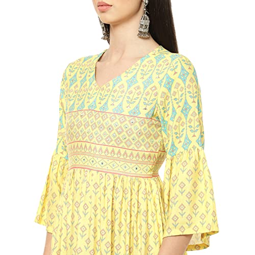 Image of Rangriti Yellow Viscose Flared Dress for Women