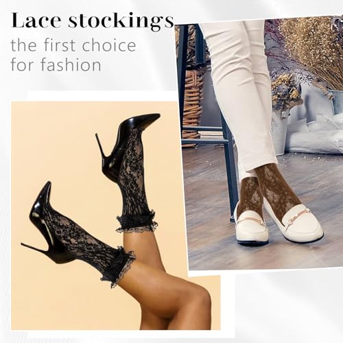 Image of Women Lace Ruffle Socks White Black Frilly Lolita Crew Dress Socks