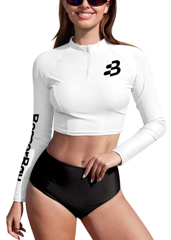 BesserBay Women's UPF 50+ Long Sleeve Zip Front Rashguard Shirt Swim Crop Top
