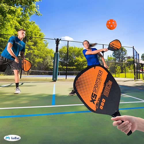 Image of FunBlast Pickle Ball Racket Set - 2 Premium Wood Rackets with 4 Balls & Portable Carry Bag, Ideal for Kids, Men & Women - Durable & Lightweight, Outdoor Activities (Orange)